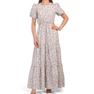 Wayf Plaza Cutout Tiered Puff Sleeve Maxi Dress L